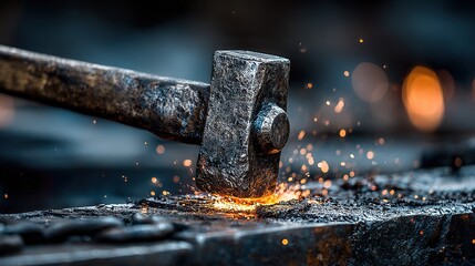 Blacksmith Hammer Striking Hot Anvil, Industrial Forging with Sparks