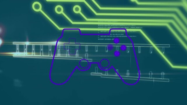 Animation of gamin pad over dna and data processing on green background