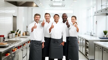 Multinational chef team giving thumbs up in professional kitchen