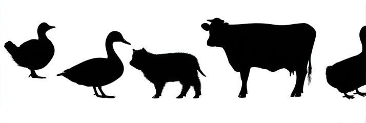 Silhouettes of farm animals a duck, goose, pig, cow, and a final duck.  Isolated, white background