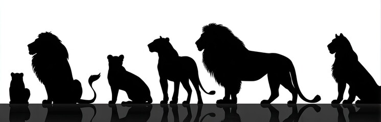 Silhouette image of various lion sizes, arranged in a row against a bright background