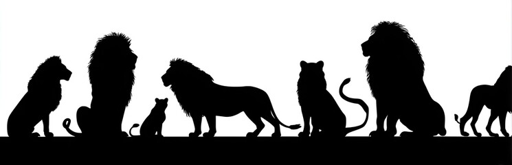 A monochrome silhouette of a pride of wild felines in various poses, creating a seamless border