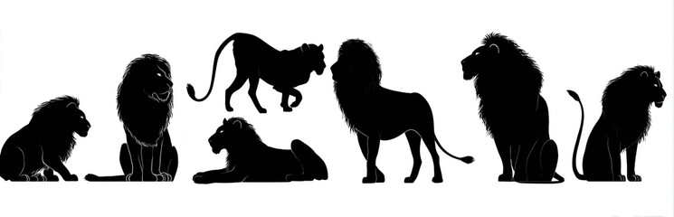 Silhouettes of various lion poses against a white background, demonstrating forms and outlines