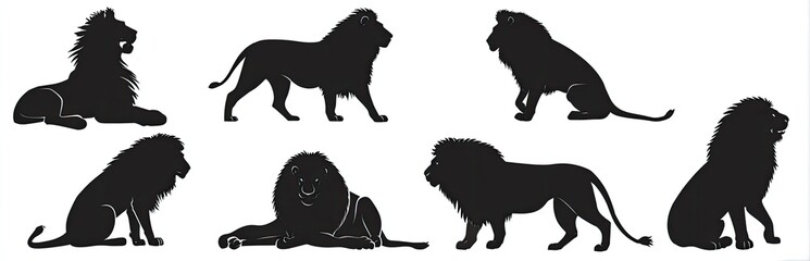 Silhouettes of African lions in various poses against a white background, showcasing their majestic forms