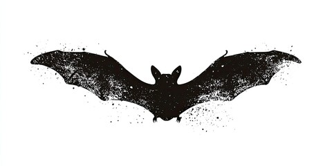 A silhouetted bat with extended wings, textured with a speckled effect, against a white background