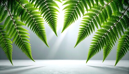 Bright Green Fern Leaves Over Minimalist White Stone Surface with Soft Sunlight for Zen Wellness and Product Backdrop