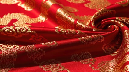 Luxurious Red Silk Fabric with Golden Dragon and Cloud Embroidery, showcasing Traditional Oriental Textile Pattern and Rich Texture for Elegant Backgrounds and Design