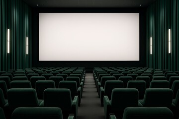 Fototapeta premium Empty modern cinema hall with green velvet seats and blank white screen in a symmetrical interior design concept, captured from the center aisle view. Ai generative