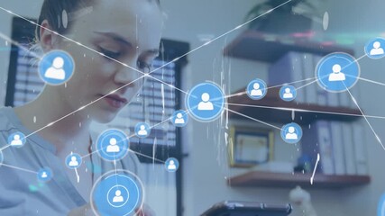 Animation of network of connections with icons over businesswoman using smartphone - Powered by Adobe