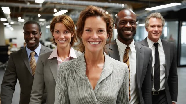 Smiling office multinational team walking forward confidently in modern workspace