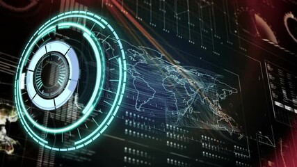 Animation of neon round scanner over digital interface with data processing against red background - Powered by Adobe