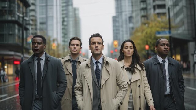 Determined detective multinational team walking forward in trench coats downtown