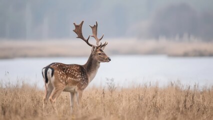 A spotted stag stands on the dry grass by a lakeside, with a misty background creating a quiet and soft natural atmosphere.