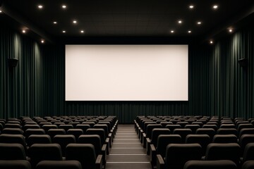 Fototapeta premium Empty modern cinema hall interior with blank screen and dark green curtain walls under ceiling spotlights, showing seating design and lighting concept. Ai generative