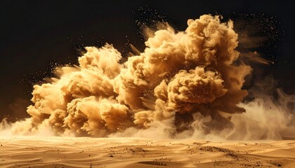Illuminated sand explosion in dark desert setting with dramatic upward burst and glowing particle cloud.