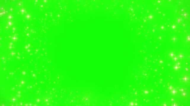 Magical glittering gold star particles forming a beautiful decorative frame border overlay against a vibrant chroma key green screen background for video production.
