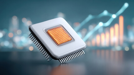 Ai chip glowing modern processor with financial growth chart and bokeh lights evoking innovation