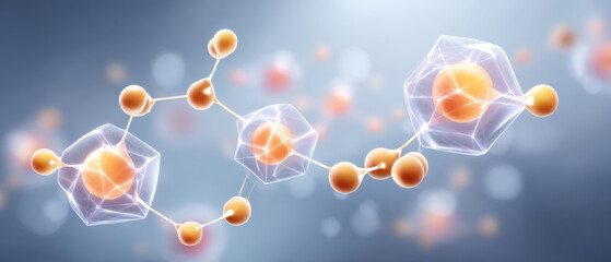 Ai chip molecular structure with glowing orange nodes and translucent polyhedron connectors soft