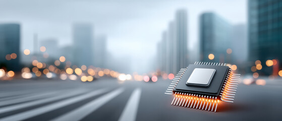 Ai chip floating over blurred city street with glowing pins and soft bokeh lights