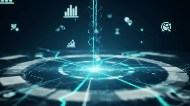 A cinematic digital animation features an electric blue energy core in a deep dark void, with luminous data particles flowing through teal and cyan pathways, converging into the core, forming a