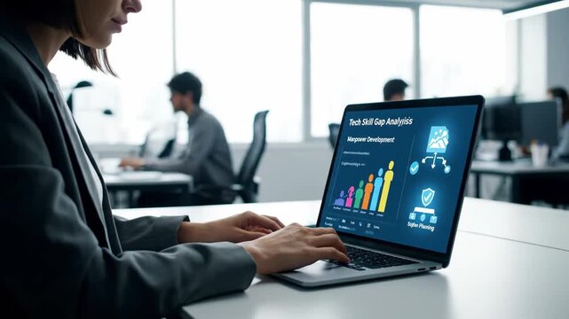 Business Woman Analyzing Skill Gap on Laptop - A woman in business attire analyzes a "Tech Skill Gap Analysis" report on a laptop.