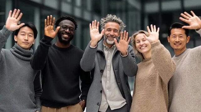 Multinational group waving happily toward camera in friendly outdoor setting