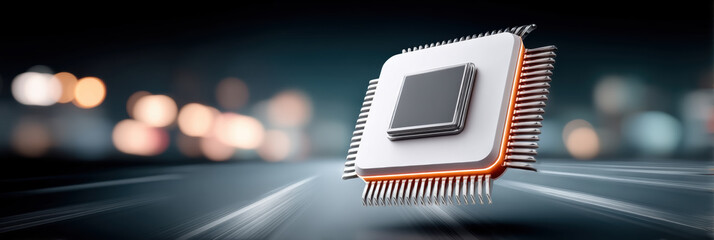 High performance ai chip on circuit board glowing core energy efficient processor speeding future