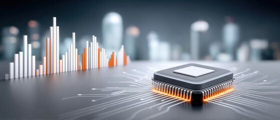 Ai chip glowing processor on circuit board with data graph skyline and futuristic lighting