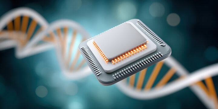 Ai chip floating microprocessor with glowing connectors and dna helix in bokeh lab background - Powered by Adobe