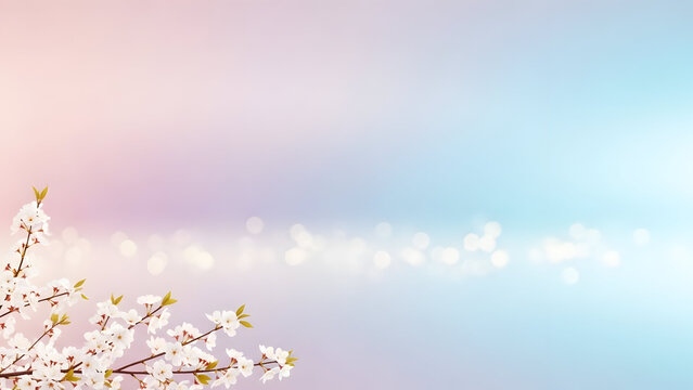 Delicate white cherry blossoms on a soft pastel gradient background with bokeh lights symbolizing spring and new beginnings for a serene backdrop