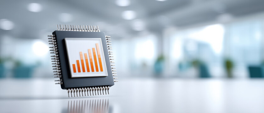 Ai chip with rising data chart on microprocessor in modern office setting showing progress - Powered by Adobe
