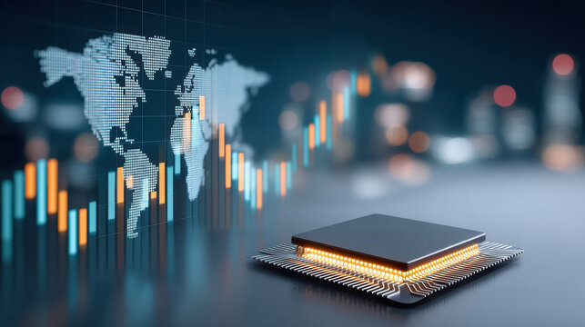 AI chip illuminated on circuit board with global data visualization and glowing financial graph - Powered by Adobe