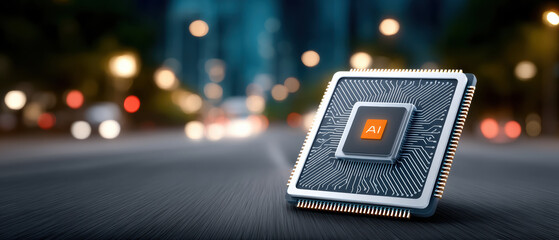 Ai chip on circuit board in urban night scene with glowing bokeh lights and futuristic mood