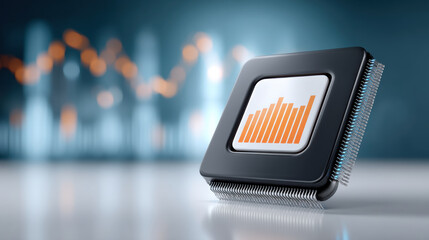 Ai chip boosting data performance with glowing bar graph processor display conveying innovation
