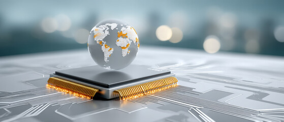 Global circuit concept with ai chip powering digital world and warm glow