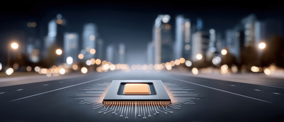 Ai microchip glowing on circuit highway with city lights and bokeh night skyline