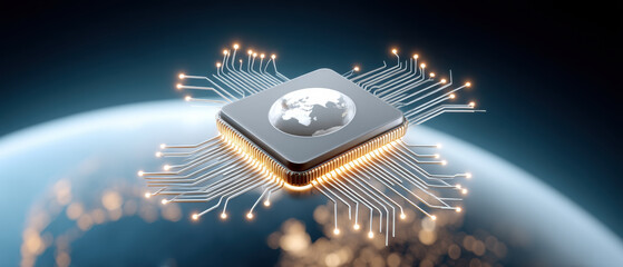 Ai chip integrated circuit above globe glowing connections evoke global connectivity