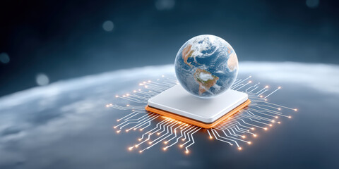 Ai chip powering global connectivity with glowing circuit network and planet above processor
