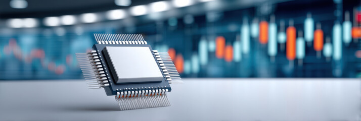 Ai chip glossy circuit module floating over blurred trading chart conveying innovation