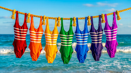 banner with set of seven bright rainbow-colored swimsuits hanging to dry on natural rope, background is endless azure-turquoise ocean, a vacation on tropical island and advertisement for swimsuits