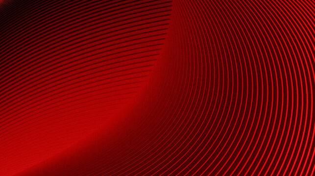 A digital abstract image featuring a pattern of curved, repeating red lines against a black background. This design creates a dynamic, three-dimensional visual effect, resembling the texture of highly