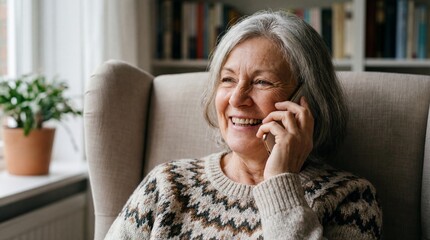 Smiling senior woman having friendly conversation on phone