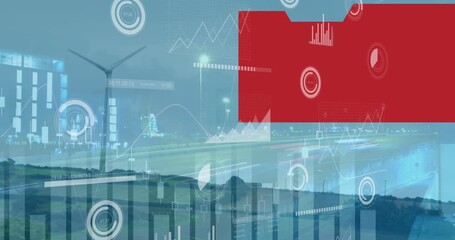 Animation of financial data processing over wind turbine and cityscape - Powered by Adobe