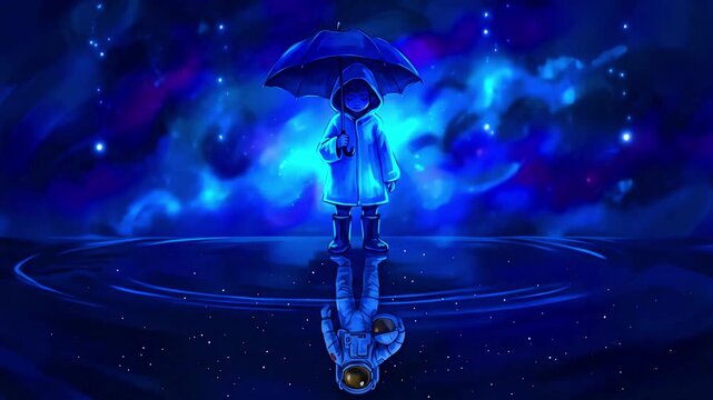 Ethereal digital illustration depicts a lone figure wearing a bright hooded raincoat holding a dark umbrella while standing on reflective water under a vibrant blue cosmic sky.