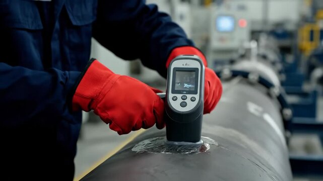 Ultrasonic Testing of Pipeline - Close-up shot of a worker using an ultrasonic flaw detector to inspect a large metal pipeline, checking for defects.