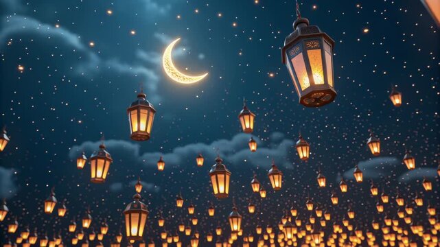 Mystical Ramadan Illustration Glowing Lanterns Float Under Starry Night Sky with Crescent Moon Creating Serene Atmosphere