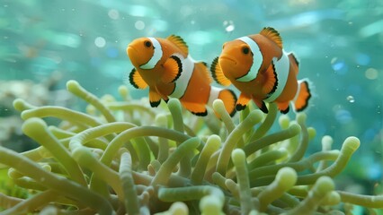 Two clownfish swim among sea anemones, with clear seawater and vibrant colors showcasing the lively beauty of the underwater ecosystem.