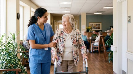 Compassionate nurse assisting elderly woman with walker in nursing home