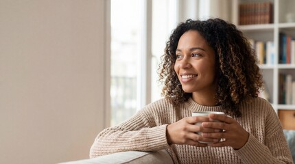 Smiling woman enjoying a cup of coffee in a cozy living room