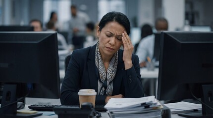 Stressed businesswoman sitting at office desk with computers
